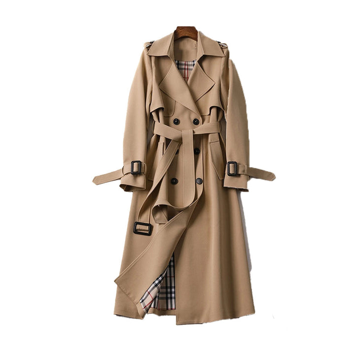Women's long double-breasted trench coat with belt, shoulder tabs and cuff straps