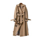 Women's long double-breasted trench coat with belt, shoulder tabs and cuff straps