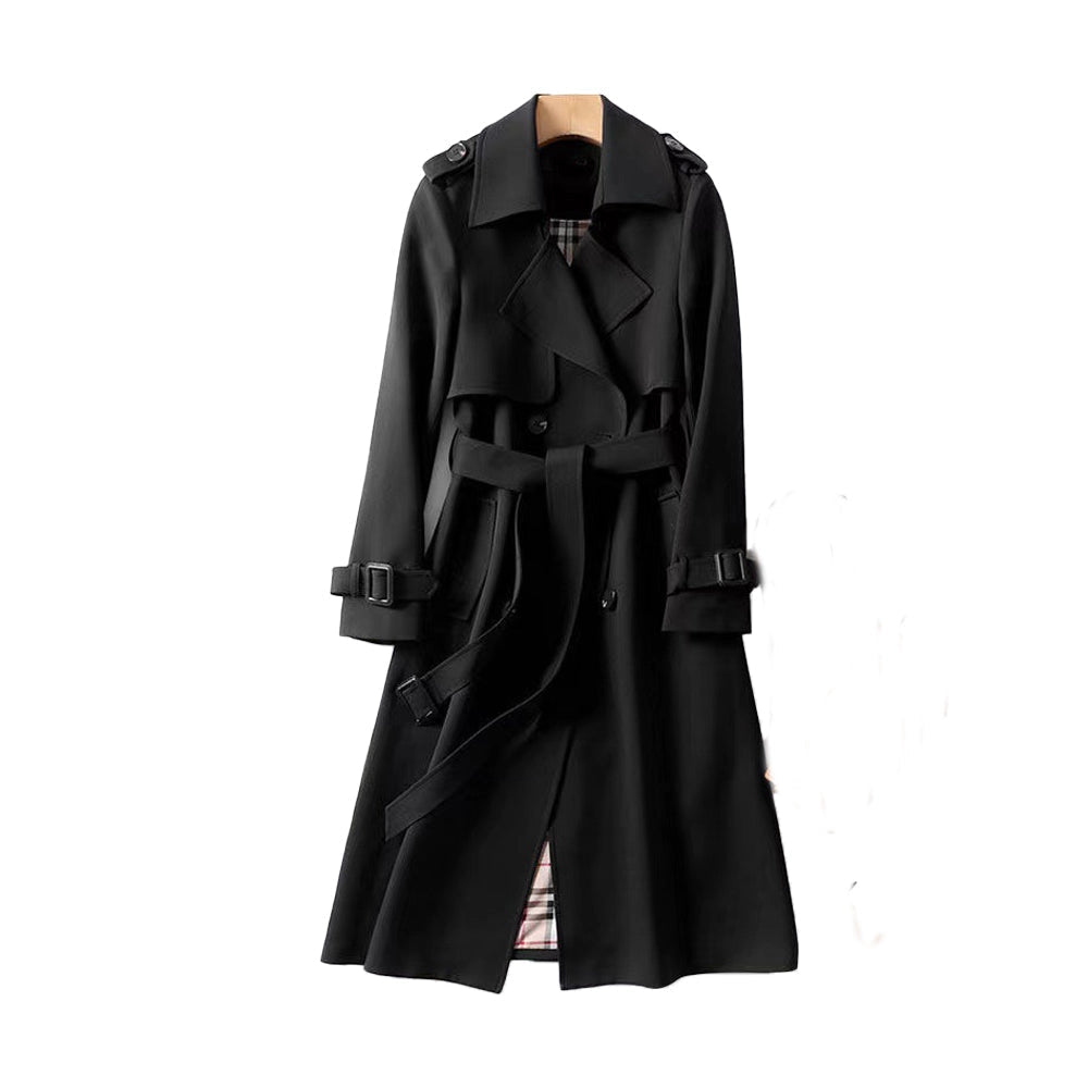 Women's long double-breasted trench coat with belt, shoulder tabs and cuff straps