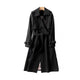 Women's long double-breasted trench coat with belt, shoulder tabs and cuff straps