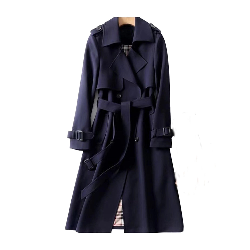 Women's long double-breasted trench coat with belt, shoulder tabs and cuff straps