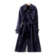 Women's long double-breasted trench coat with belt, shoulder tabs and cuff straps