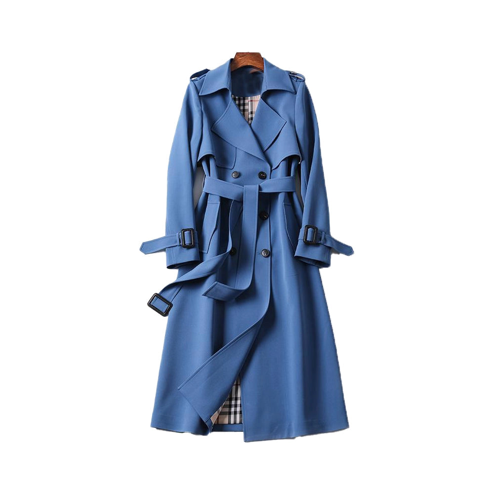 Women's long double-breasted trench coat with belt, shoulder tabs and cuff straps