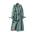 Women's long double-breasted trench coat with belt, shoulder tabs and cuff straps