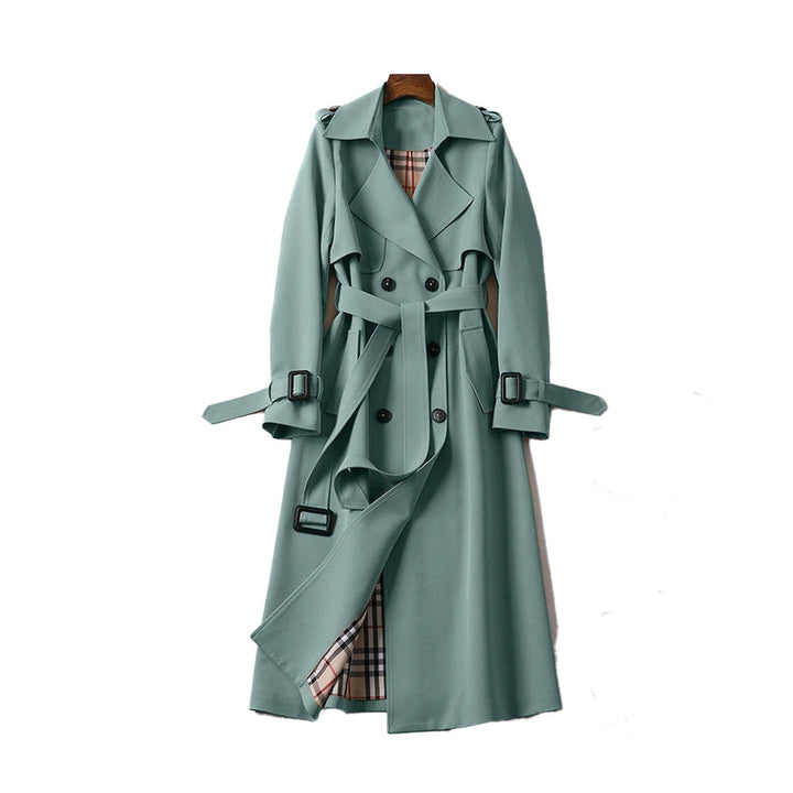Women's long double-breasted trench coat with belt, shoulder tabs and cuff straps