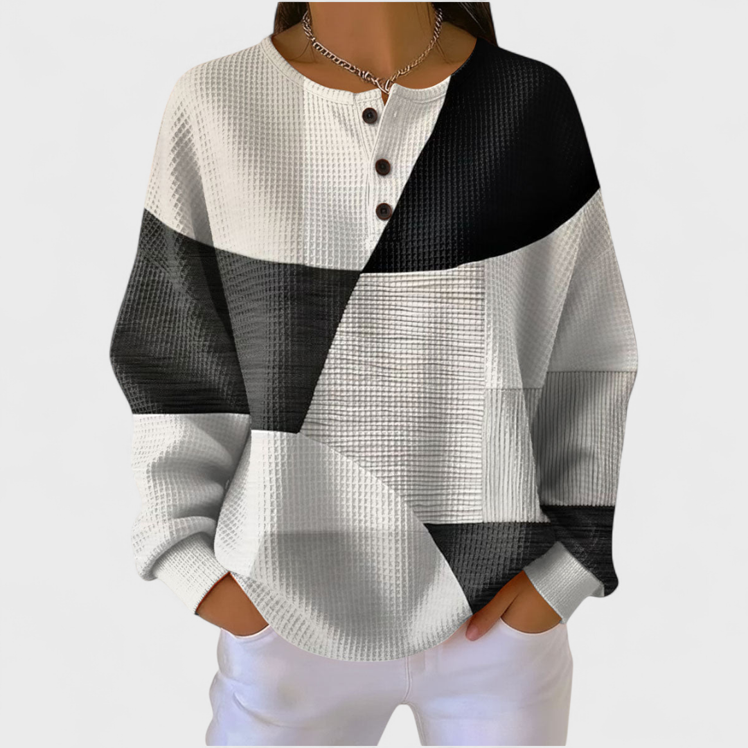 Women's colour-block jumper with crew neckline, button placket and long sleeves