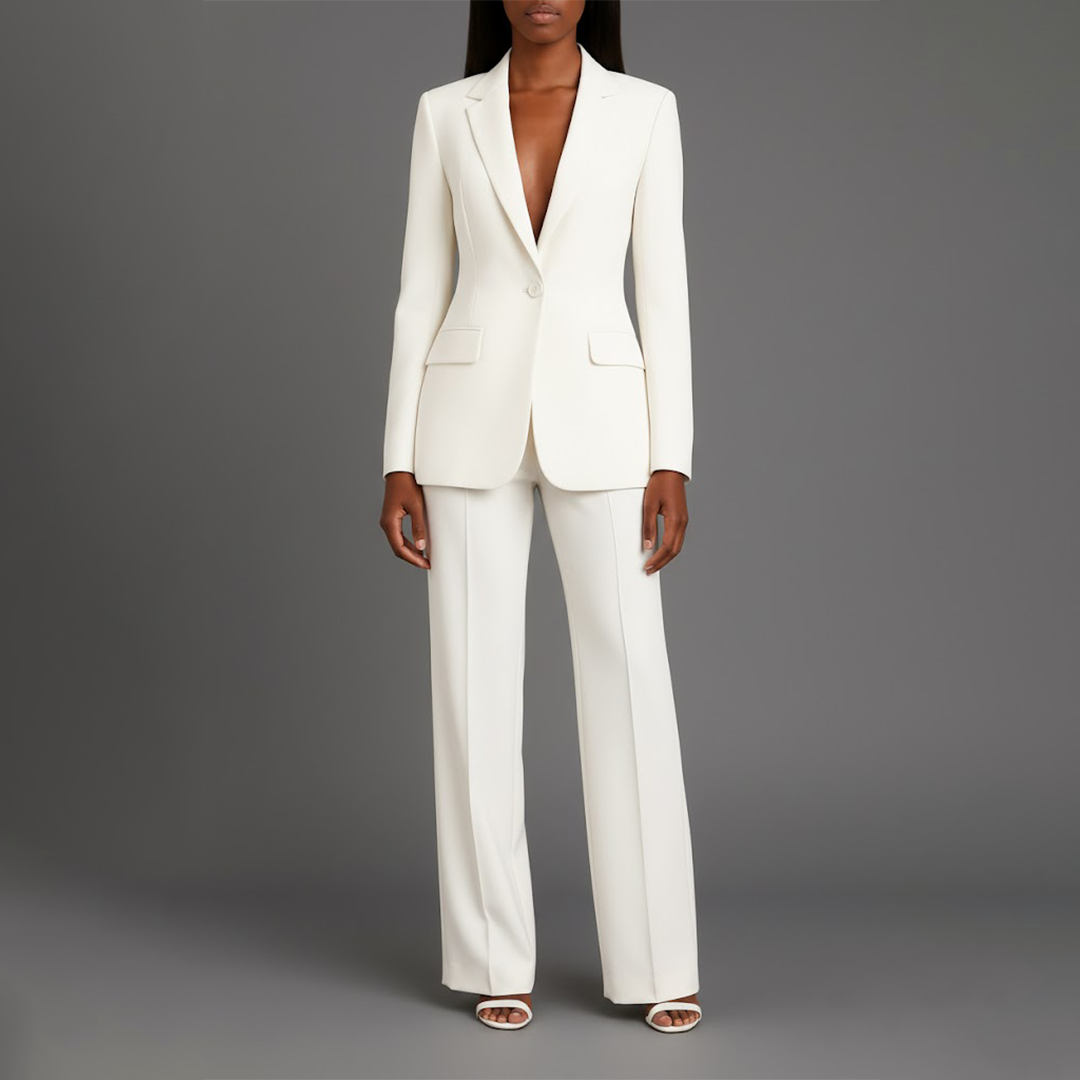 Women's tailored trouser suit set with long blazer and wide-leg trousers