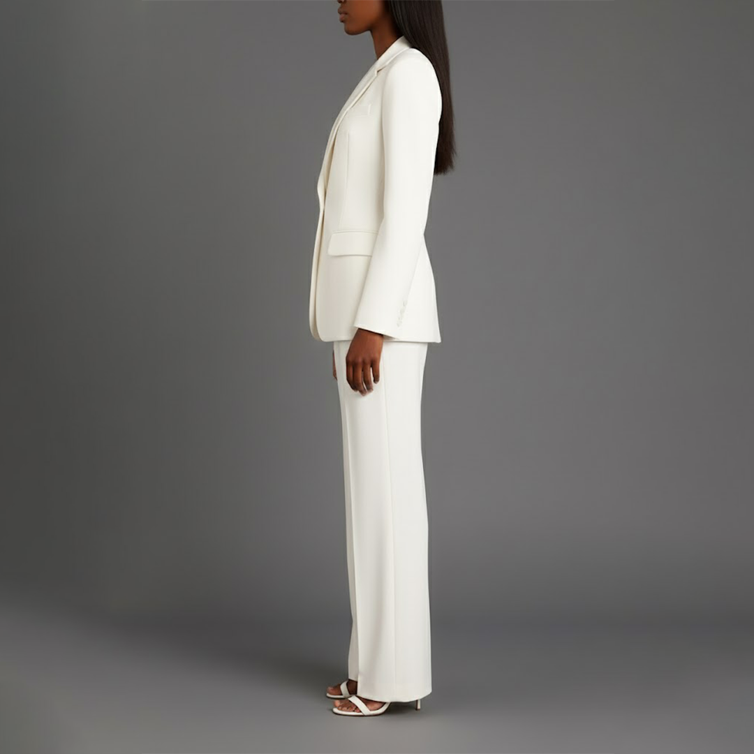 Women's tailored trouser suit set with long blazer and wide-leg trousers