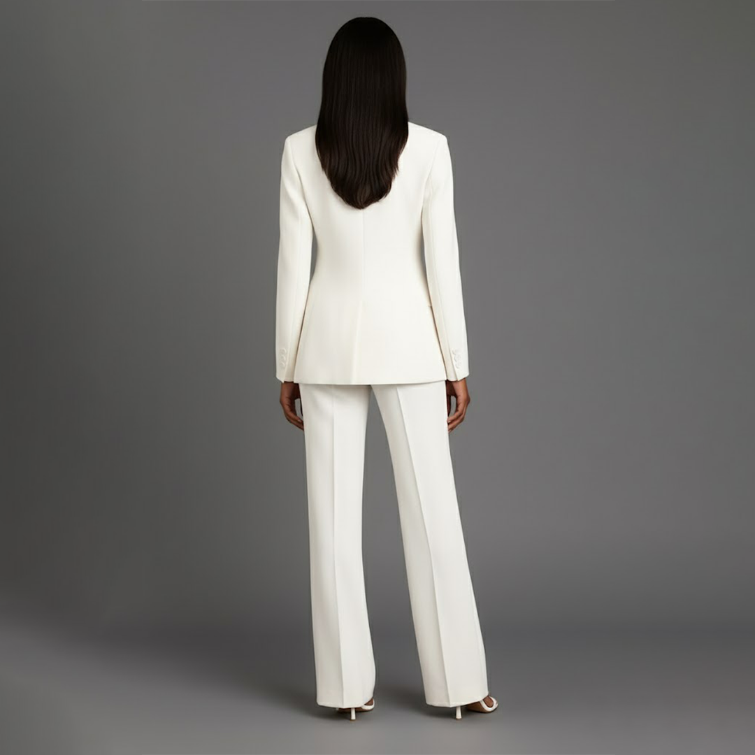 Women's tailored trouser suit set with long blazer and wide-leg trousers