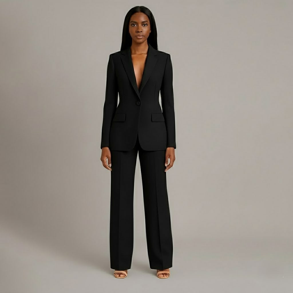 Women's tailored trouser suit set with long blazer and wide-leg trousers