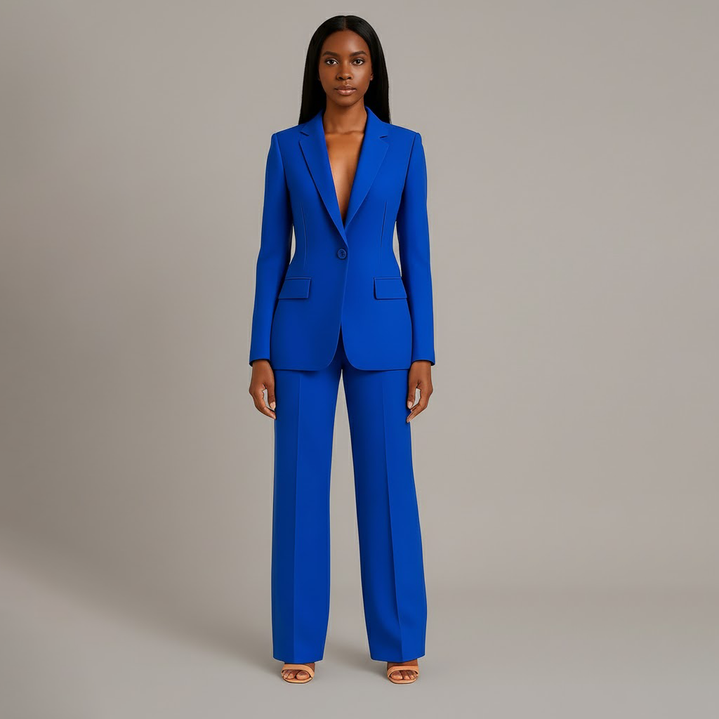 Women's tailored trouser suit set with long blazer and wide-leg trousers