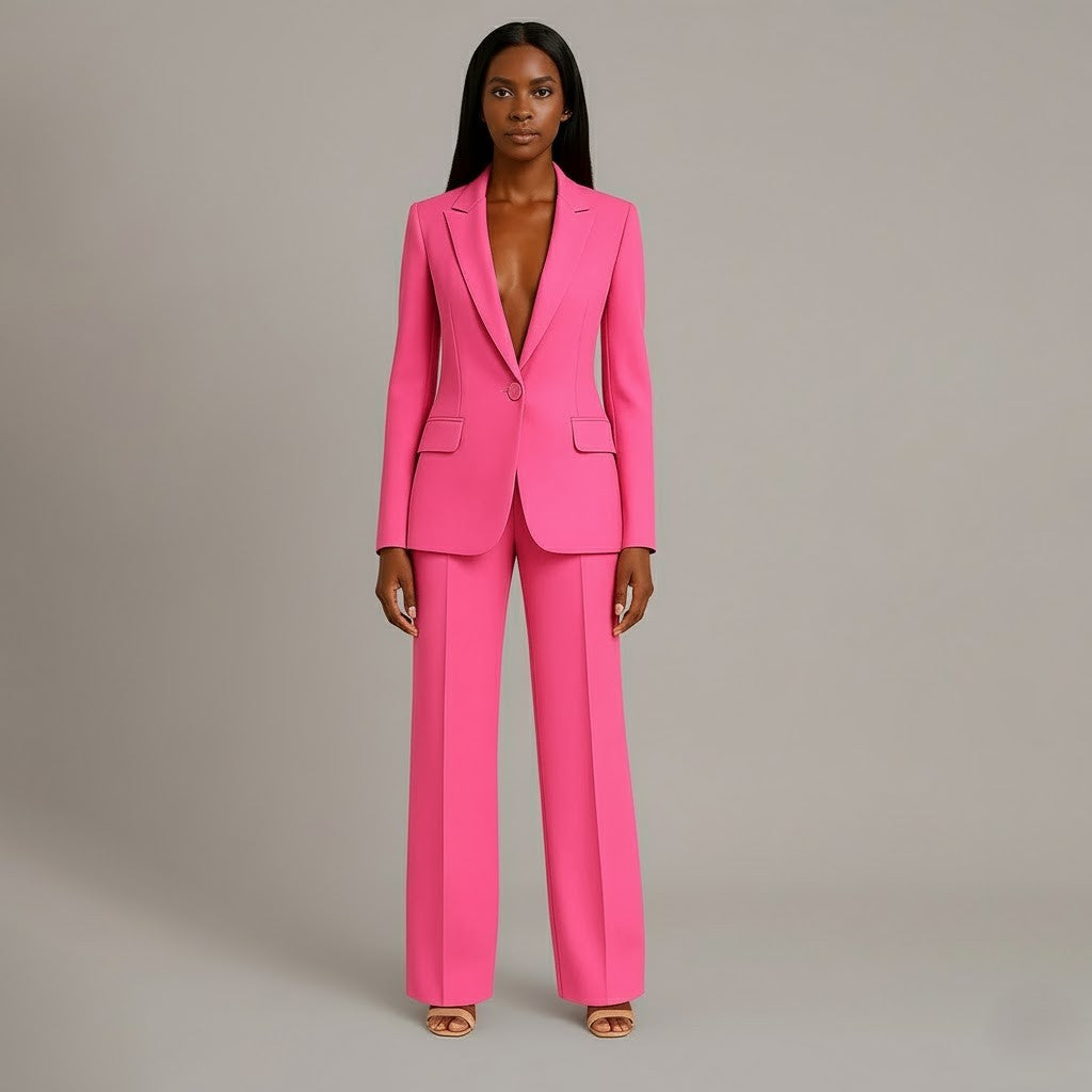 Women's tailored trouser suit set with long blazer and wide-leg trousers