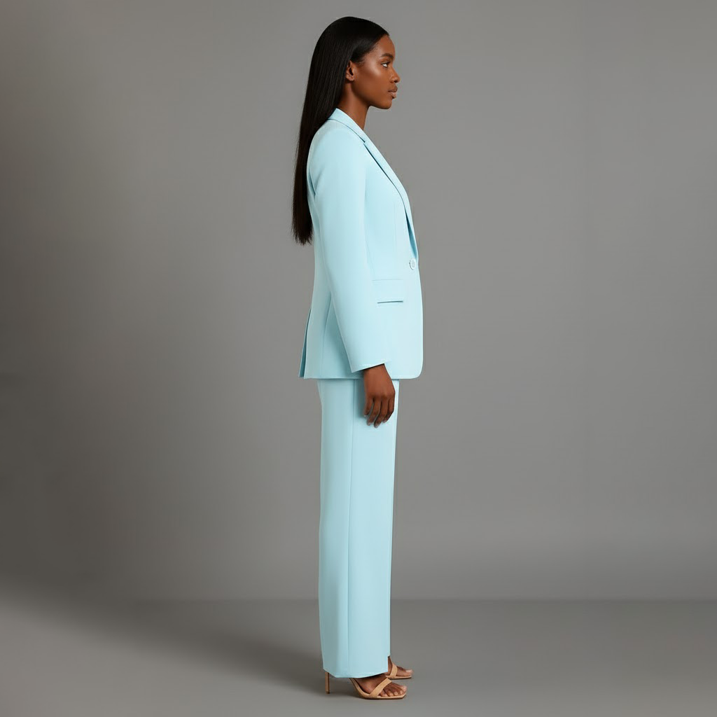 Women's tailored trouser suit set with long blazer and wide-leg trousers