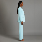 Women's tailored trouser suit set with long blazer and wide-leg trousers