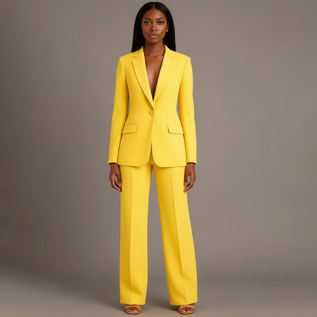 Women's tailored trouser suit set with long blazer and wide-leg trousers