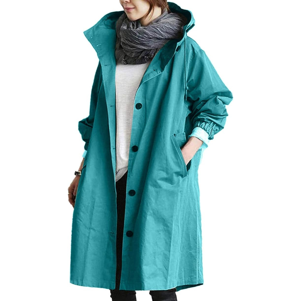Women's long hooded coat with button front, pockets and gathered sleeves