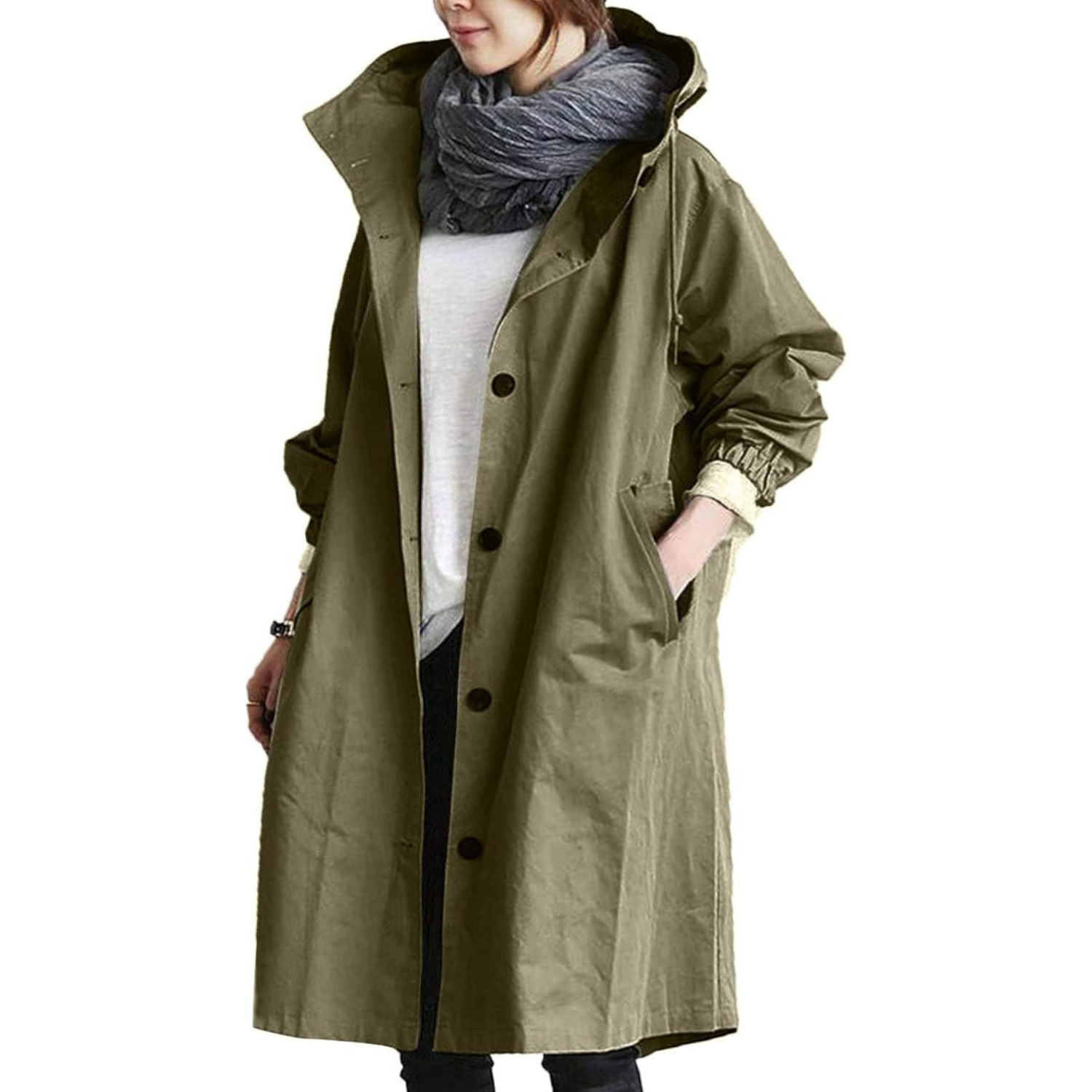 Women's long hooded coat with button front, pockets and gathered sleeves