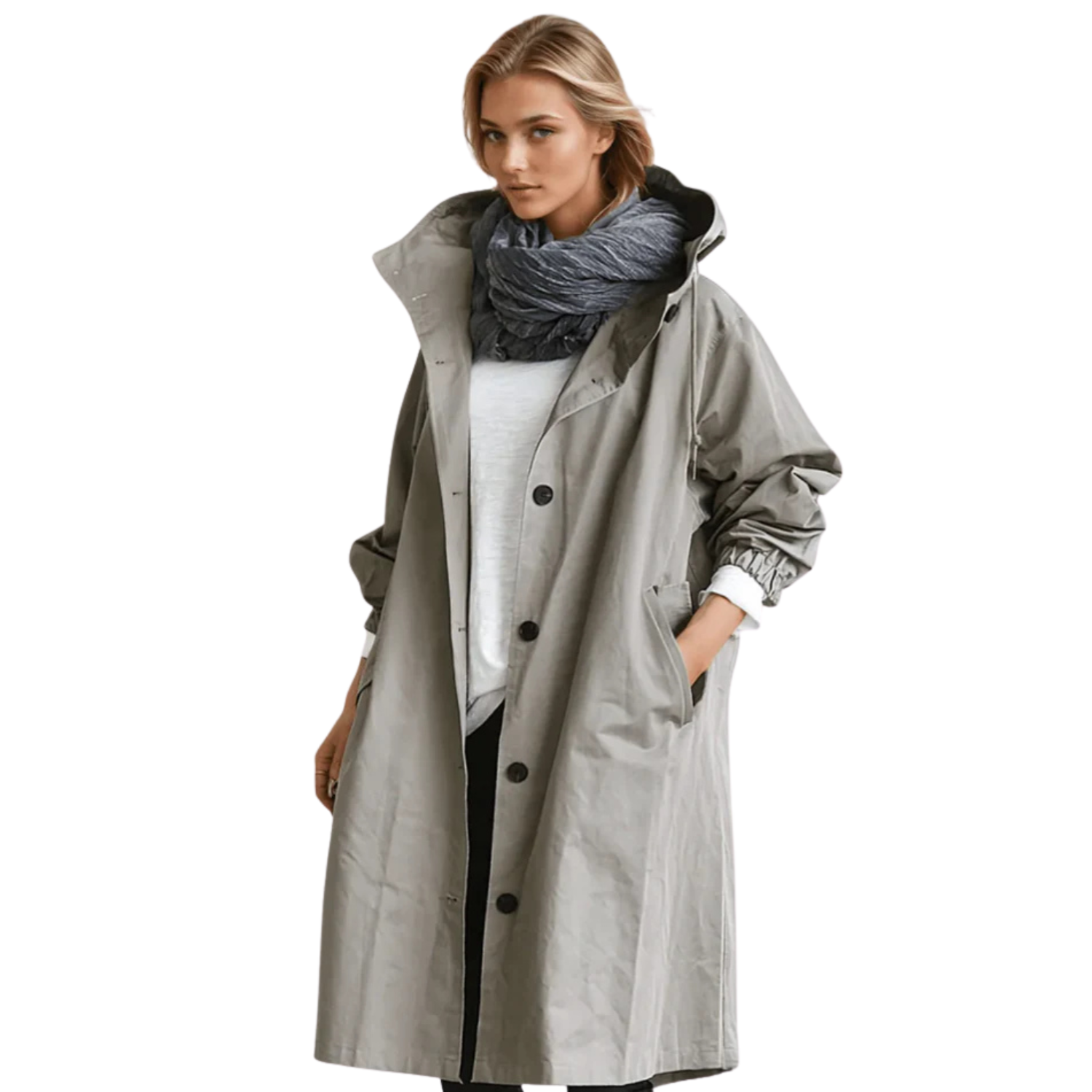 Women's long hooded coat with button front, pockets and gathered sleeves