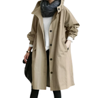 Women's long hooded coat with button front, pockets and gathered sleeves