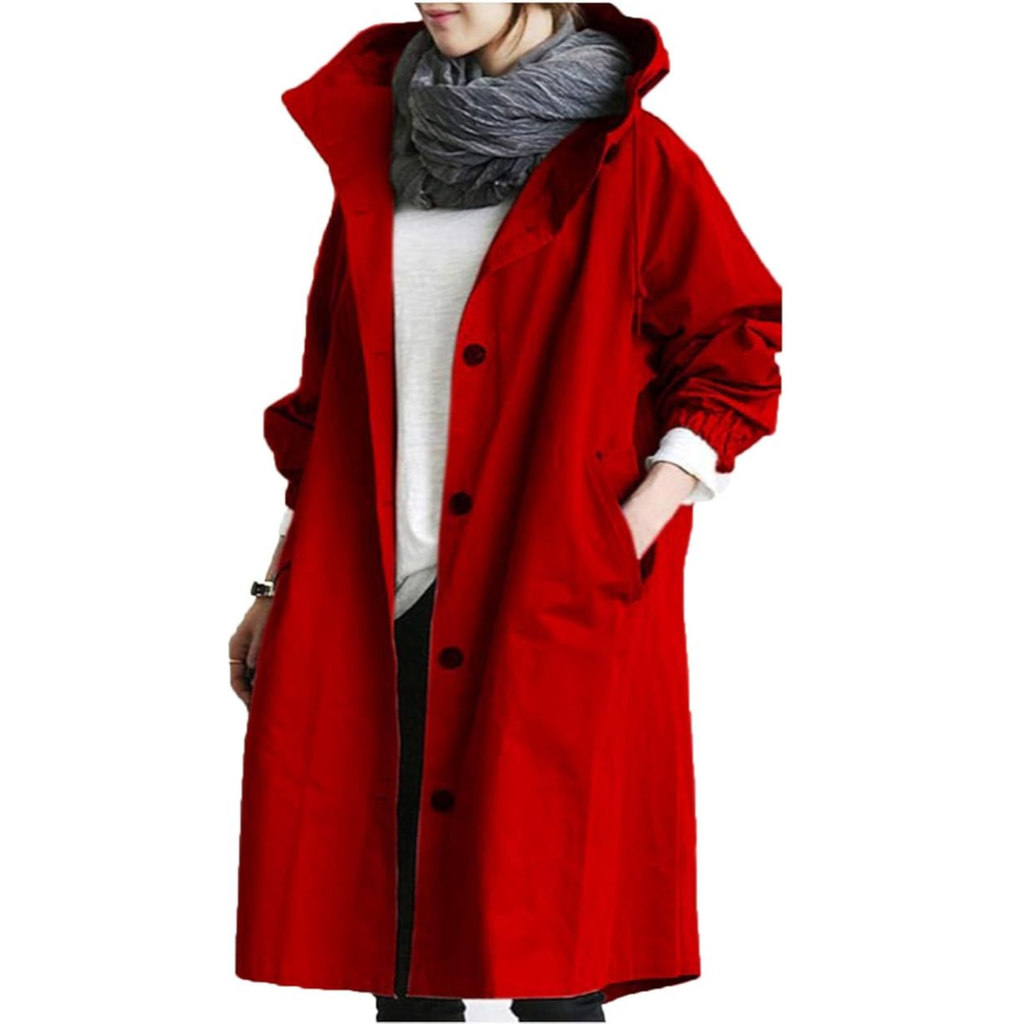 Women's long hooded coat with button front, pockets and gathered sleeves