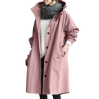 Women's long hooded coat with button front, pockets and gathered sleeves