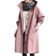 Women's long hooded coat with button front, pockets and gathered sleeves