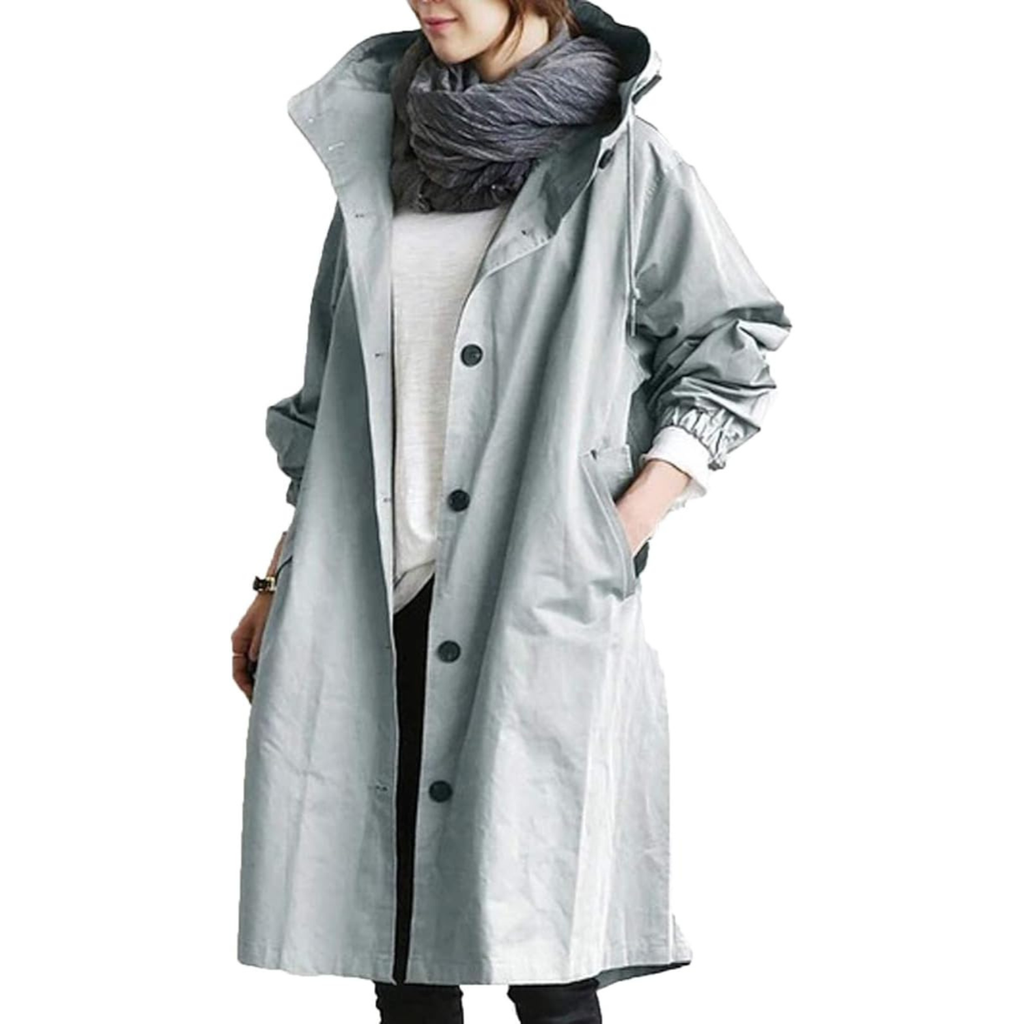 Women's long hooded coat with button front, pockets and gathered sleeves