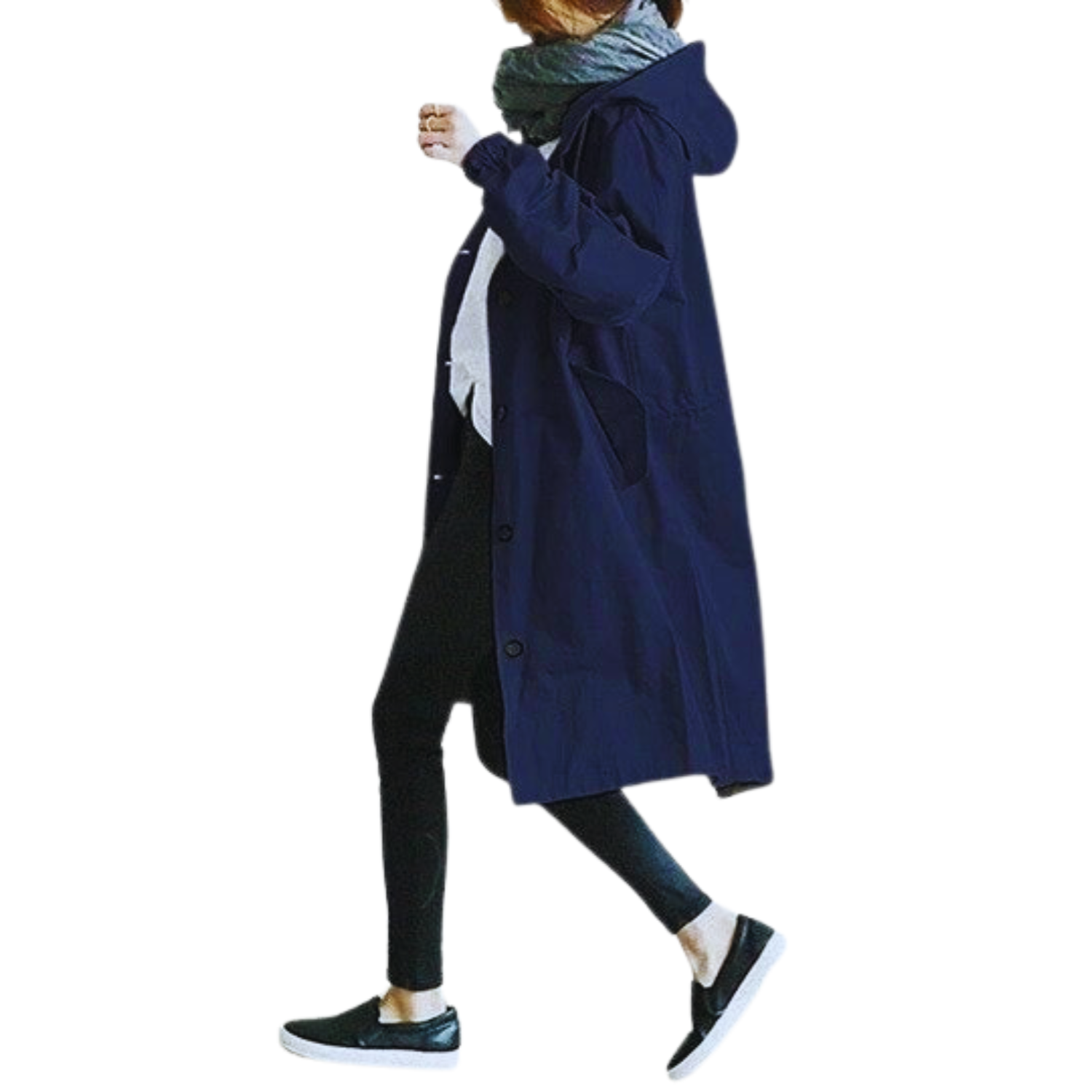 Women's long hooded coat with button front, pockets and gathered sleeves