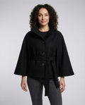 Women's belted shacket jacket with high collar and wide three-quarter sleeves