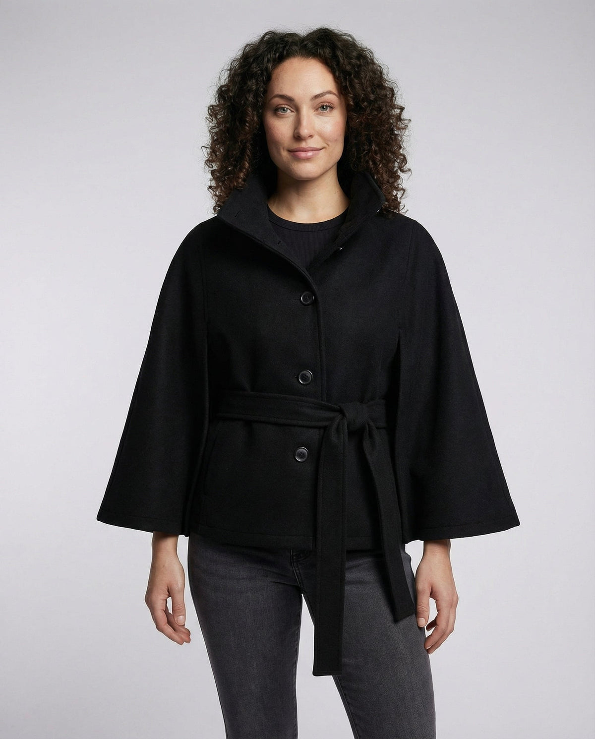 Women's belted shacket jacket with high collar and wide three-quarter sleeves