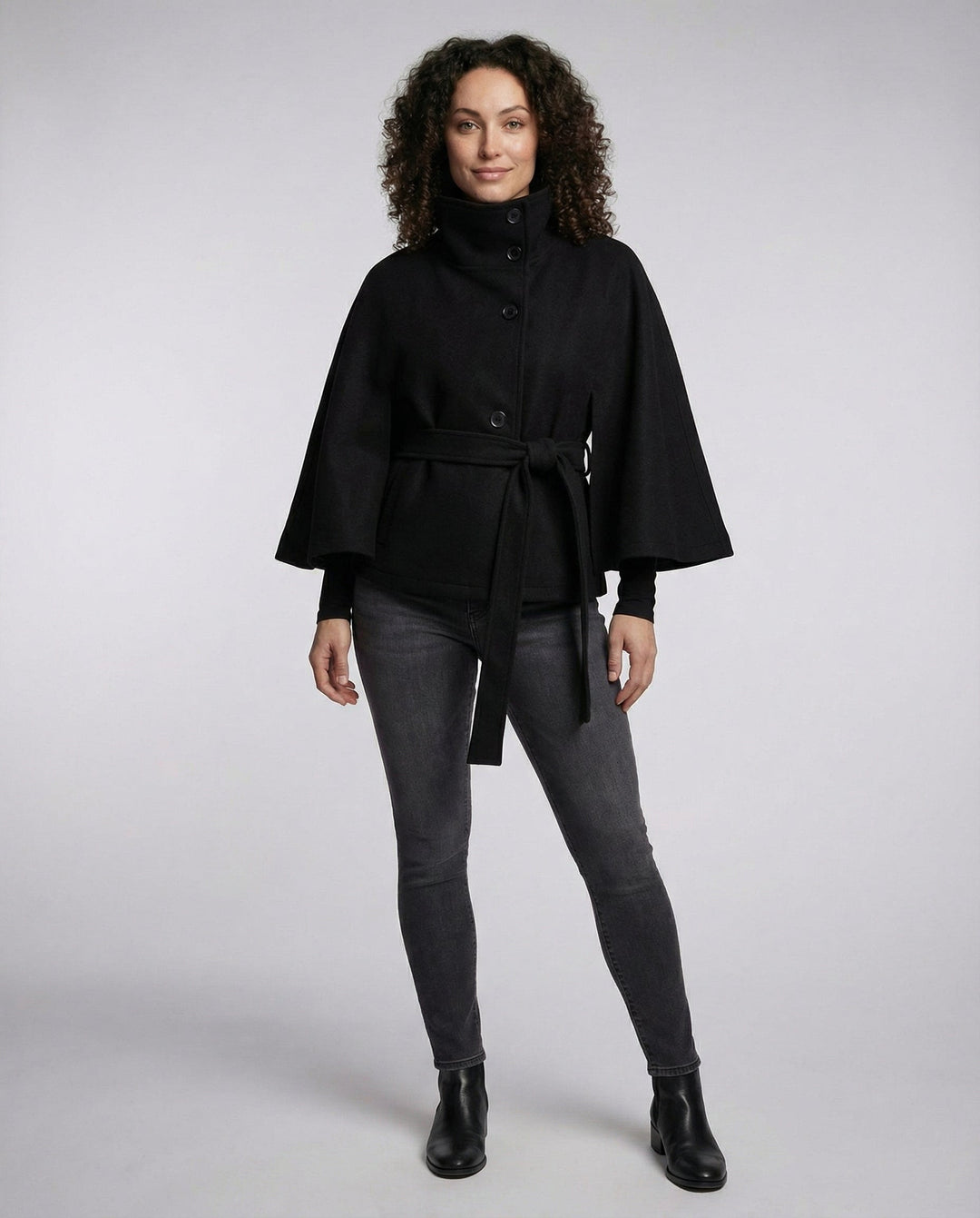 Women's belted shacket jacket with high collar and wide three-quarter sleeves