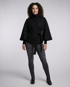Women's belted shacket jacket with high collar and wide three-quarter sleeves