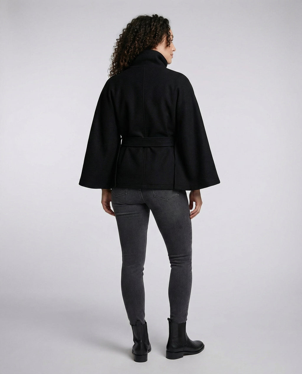 Women's belted shacket jacket with high collar and wide three-quarter sleeves