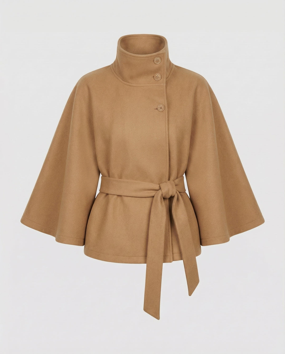 Women's belted shacket jacket with high collar and wide three-quarter sleeves