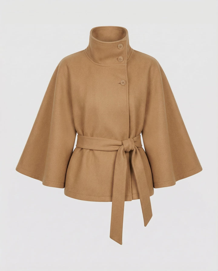 Women's belted shacket jacket with high collar and wide three-quarter sleeves