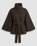 Women's belted shacket jacket with high collar and wide three-quarter sleeves