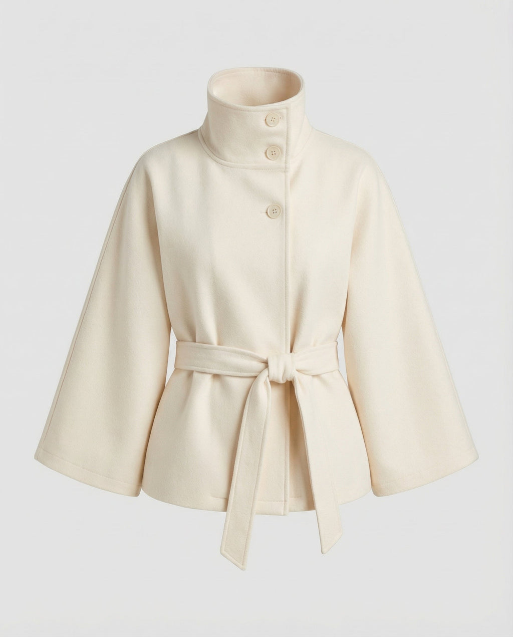Women's belted shacket jacket with high collar and wide three-quarter sleeves