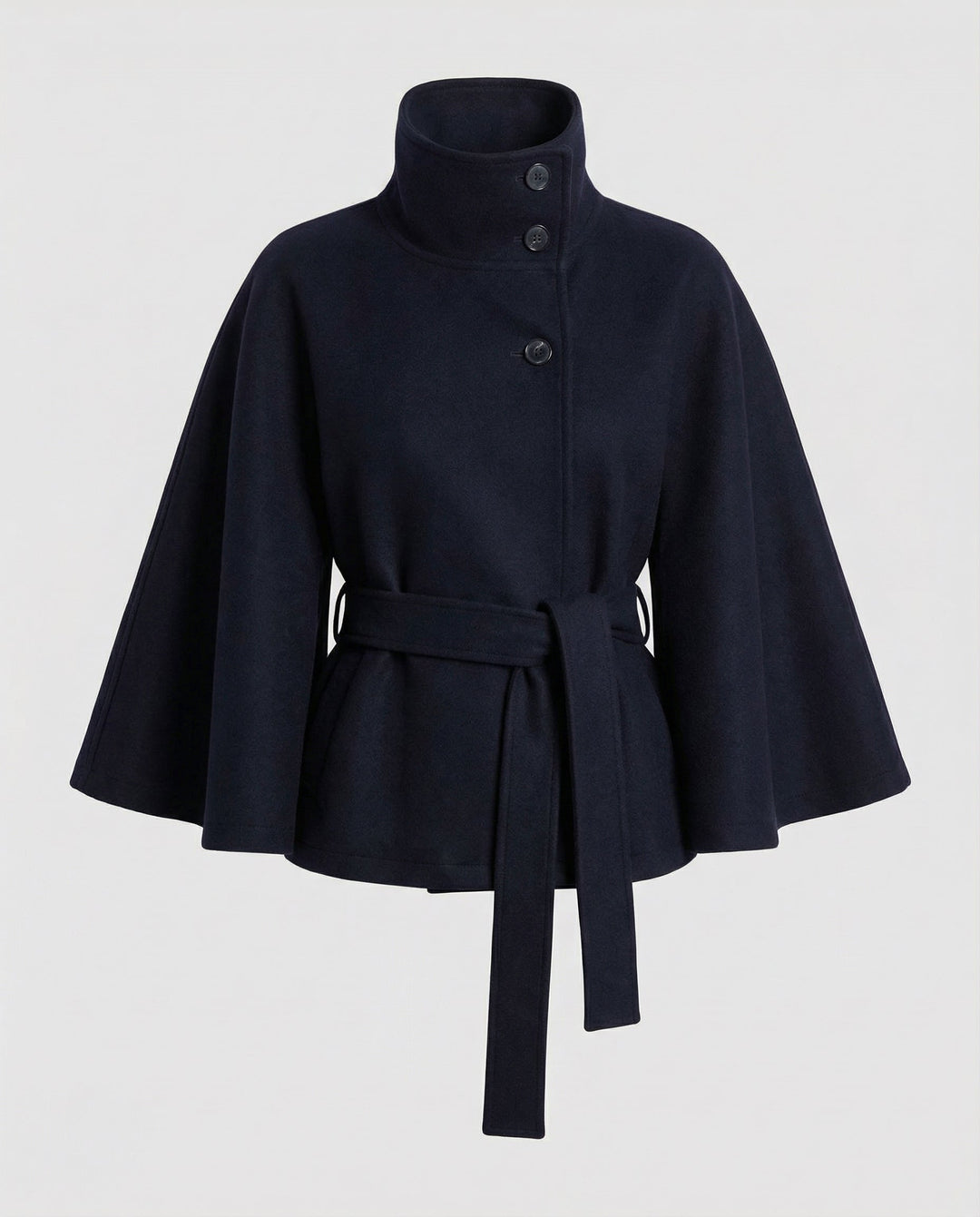 Women's belted shacket jacket with high collar and wide three-quarter sleeves