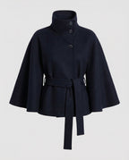 Women's belted shacket jacket with high collar and wide three-quarter sleeves