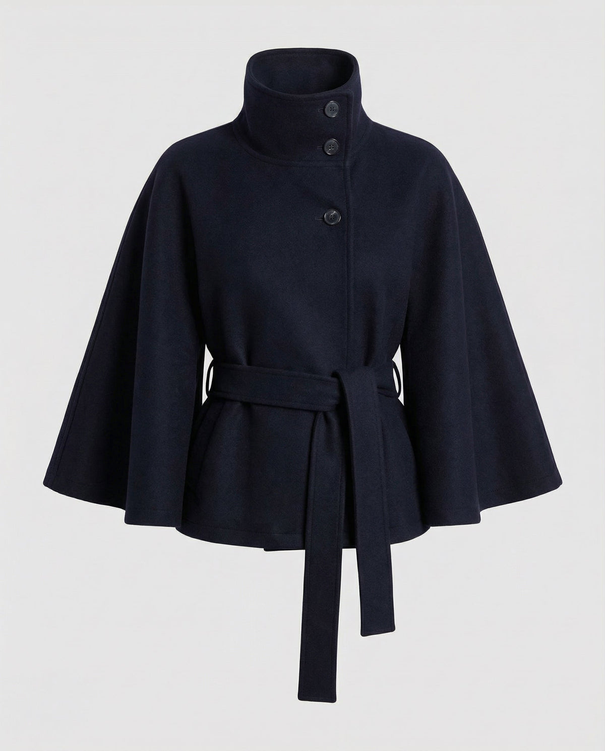 Women's belted shacket jacket with high collar and wide three-quarter sleeves