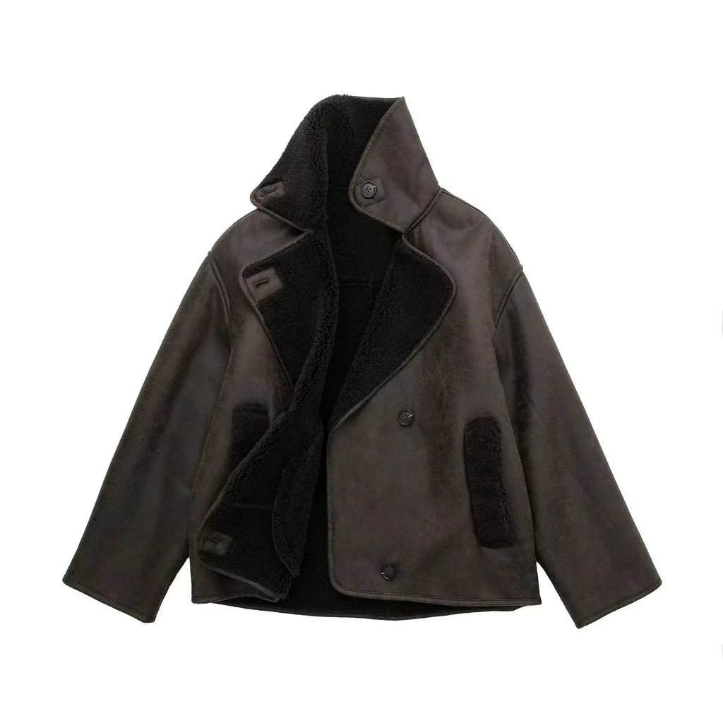 Women's relaxed jacket with wide shearling-style collar