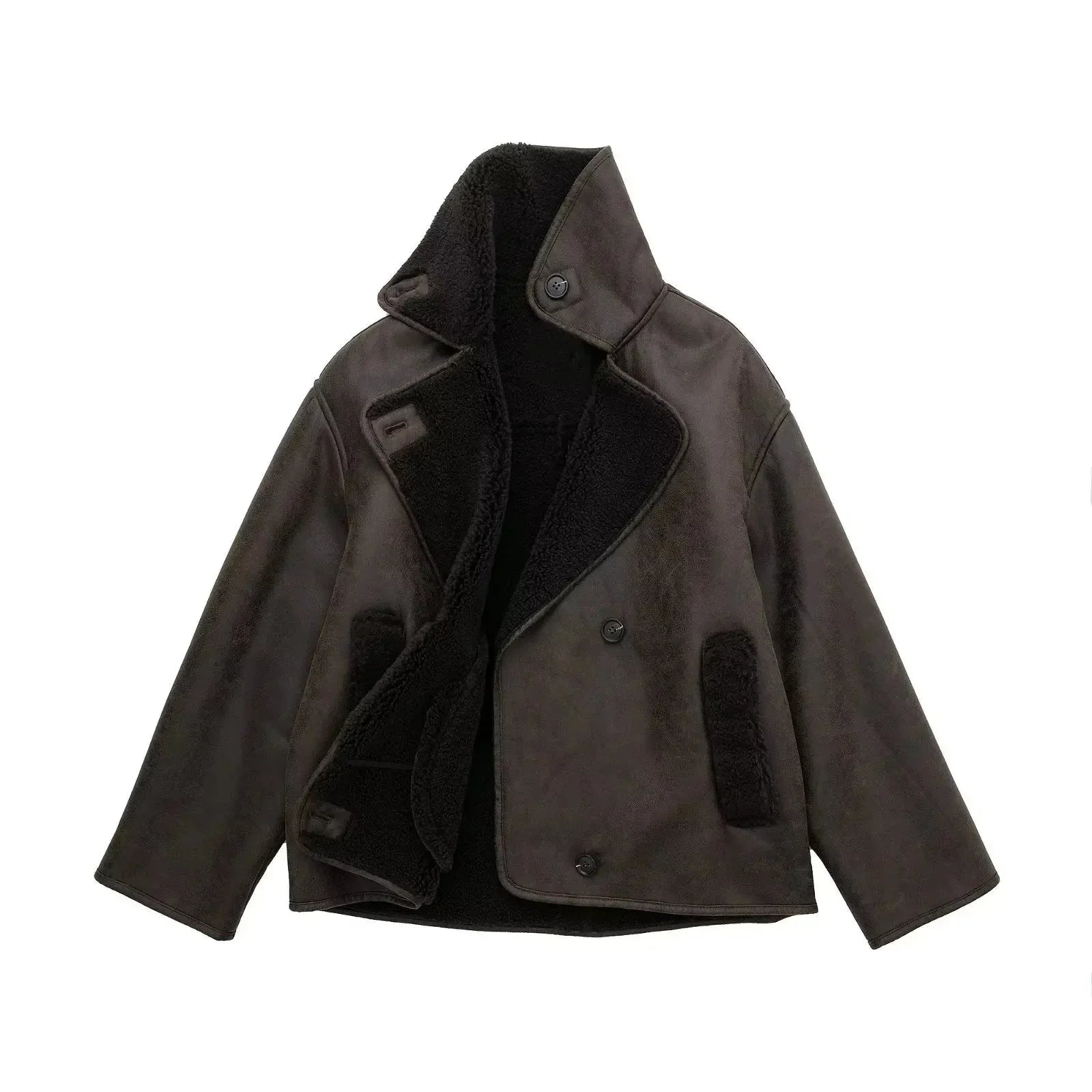 Women's relaxed jacket with wide shearling-style collar