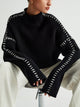 Women's crew neck knit sweater with contrast stitch sleeve details