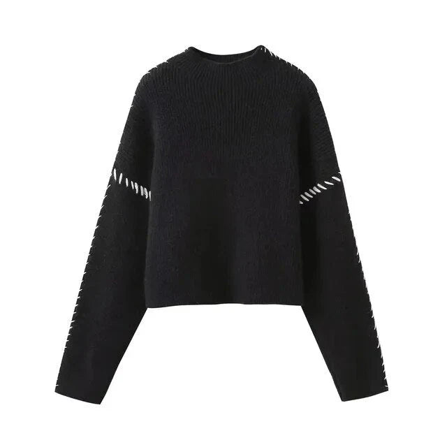 Women's knit sweater with contrast stitch trim and long sleeves