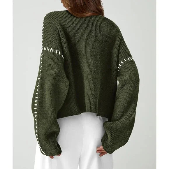 Women's crew neck knit sweater with contrast stitch sleeve details