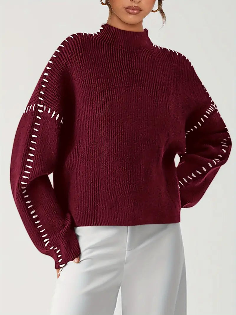 Women's crew neck knit sweater with contrast stitch sleeve details