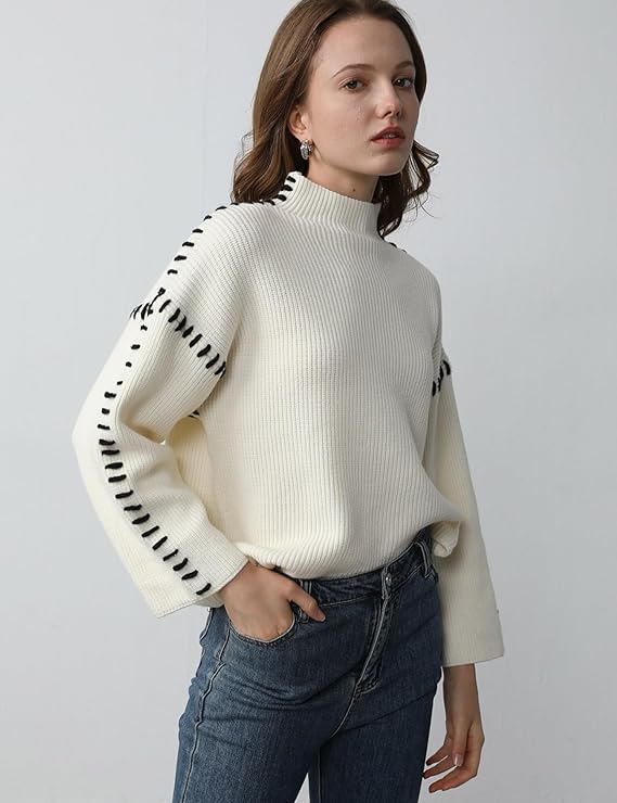 Women's knit sweater with contrast stitch trim and long sleeves