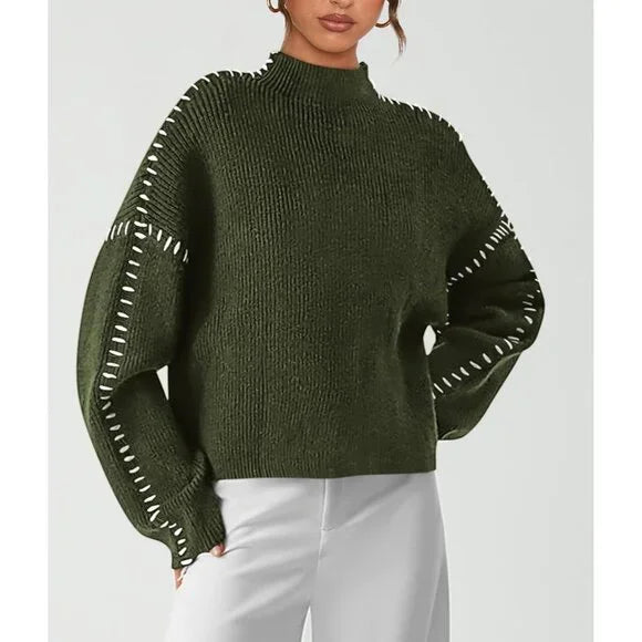Women's knit sweater with contrast stitch trim and long sleeves