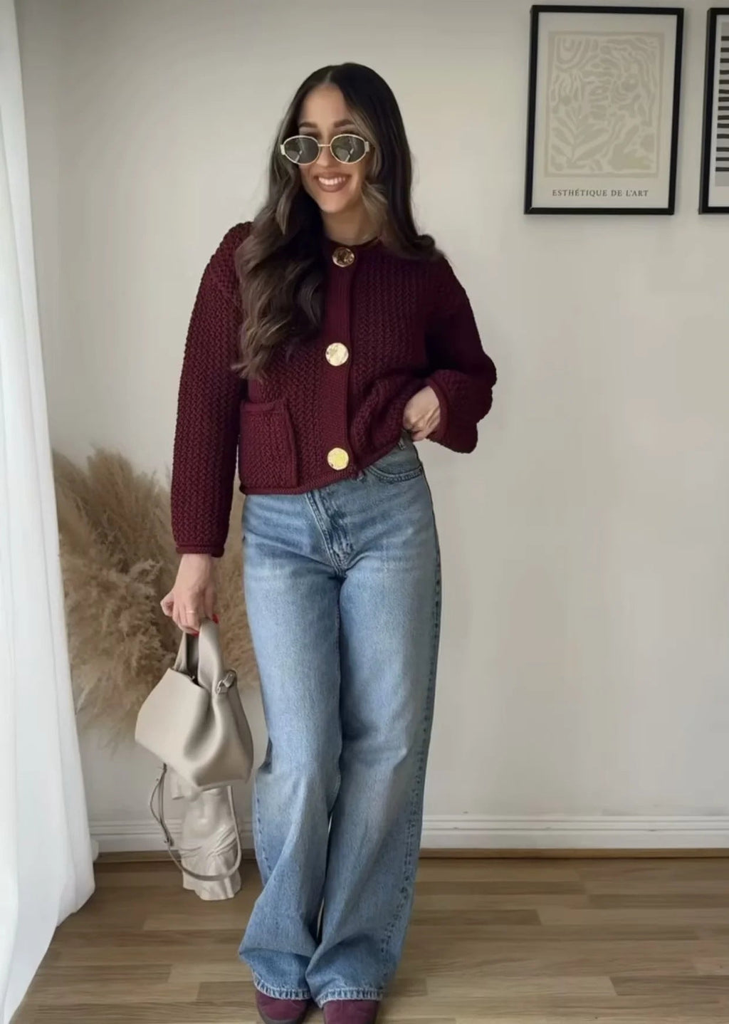 Women's wine textured knit cardigan with round neck and gold-tone buttons