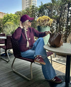 Women's wine textured knit cardigan with round neck and gold-tone buttons